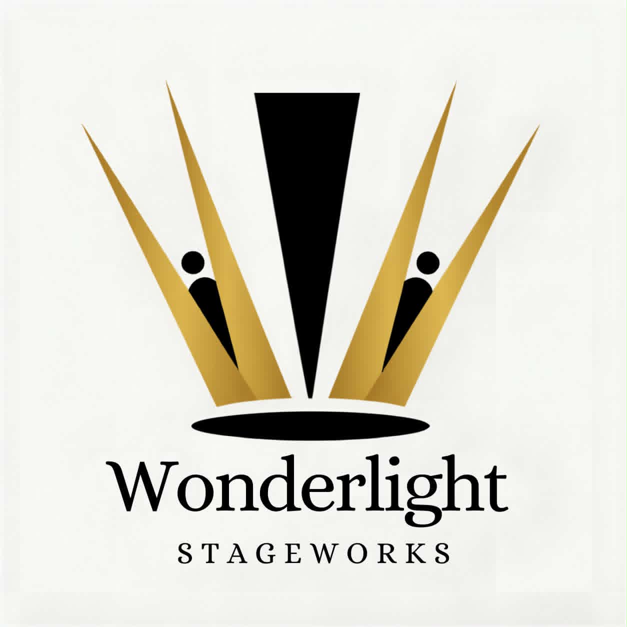 Wonderlight Stageworks Logo. Gold and Black logo with a stylized W and small shapes that could be people.