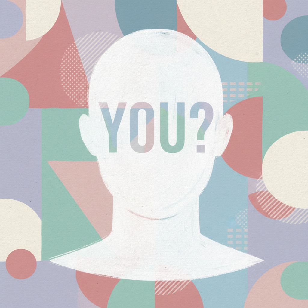 A white silhouette of a human head with the word "YOU?" written in the center against a background of colorful geometric shapes.
